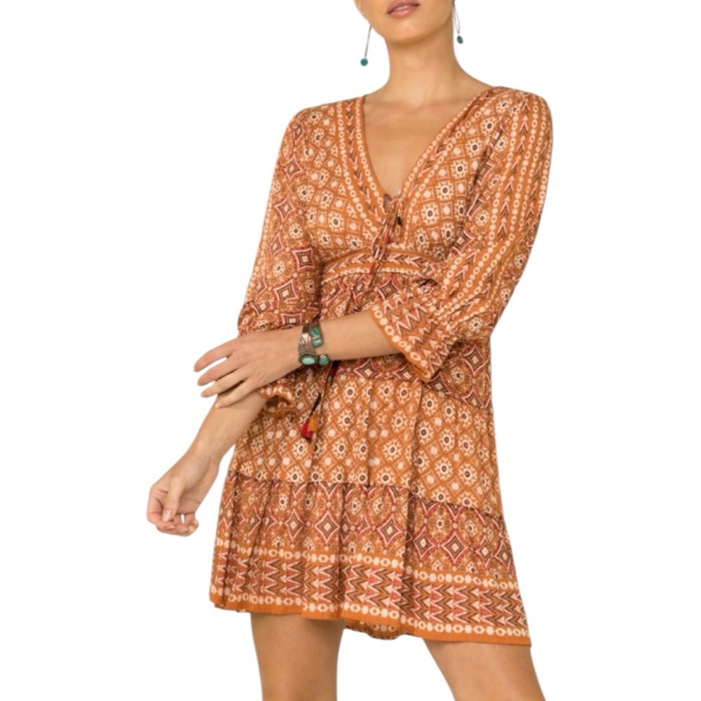 Nostalgia Boho Mini Dress Womens Medium Orange Geometric Print Tassel Tie V Neck